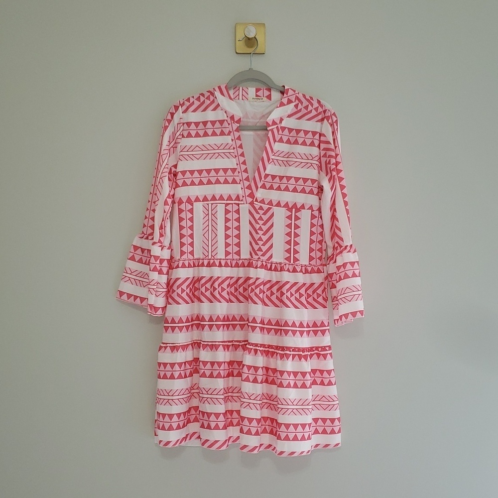 Sunday Up Dress Small Pink White Pattern Tiered Bell Sleeves Aztec Western Rodeo